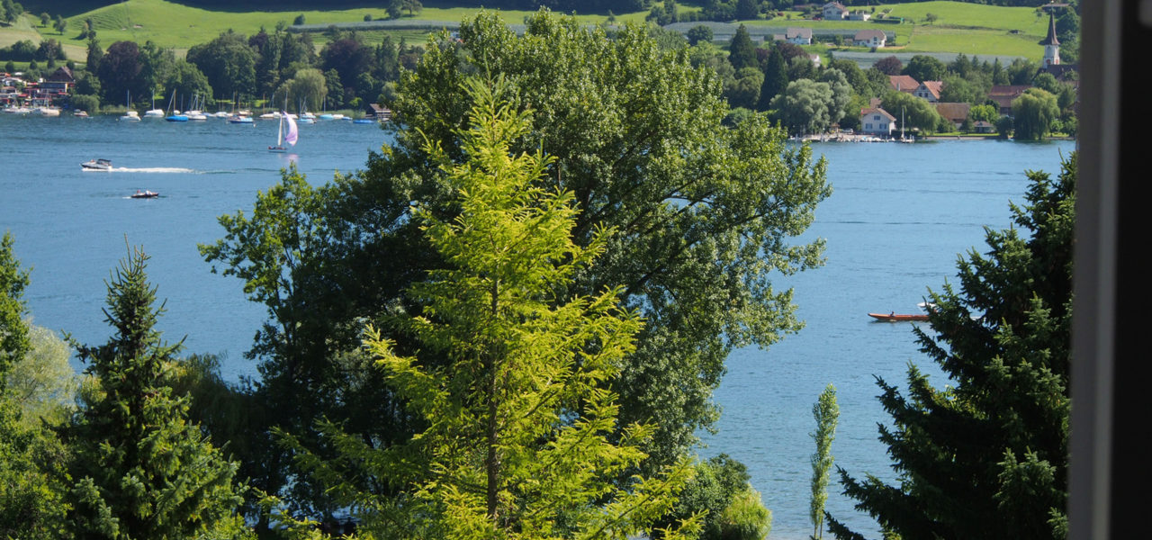 Aussicht auf den Bodensee aus dem Wohnzimmer der Ferienwohnung im Dachgeschoss